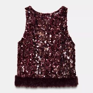 Zara Burgundy Sequin Faux Fur Top NWT Large L